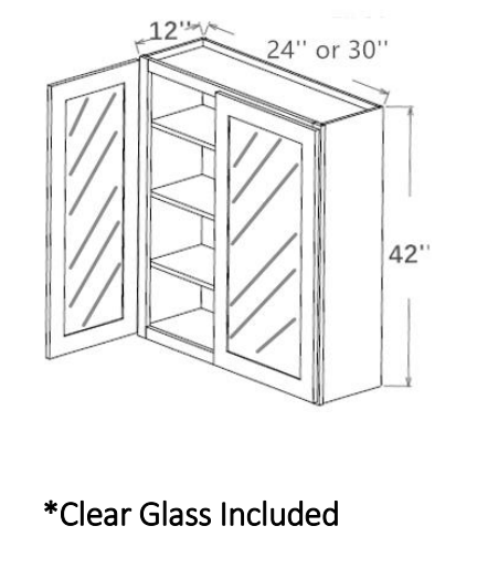 Shaker White Wall Cabinet Double Glass Doors, 42” H